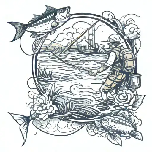 An Anime-inspired Tattoo Of A Fishing Scene With A Mechanic Twist