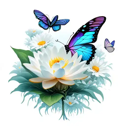Lotus Flower Butterflies And Daisies