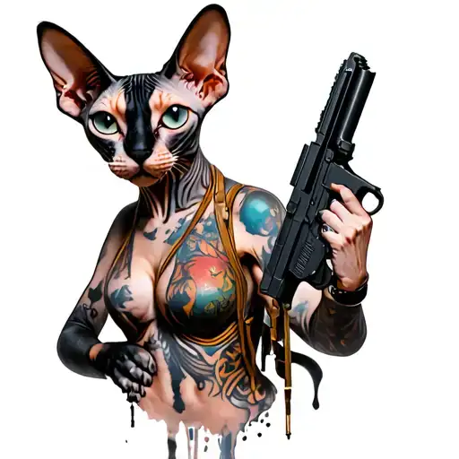 Post Apocalyptic Sphynx Cat With Women Woth Guns