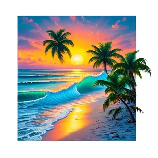 A Sunset On The Beach With Palm Trees And Waves