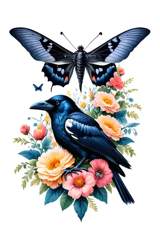 Raven Surrounded By Flowers And Death Moths