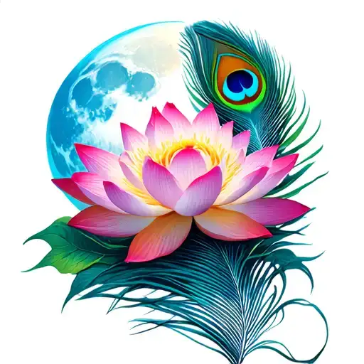 A Pink Lotus And Blue Cresent Moon Also Add Krushna 'S Flute Or Peacock Feather