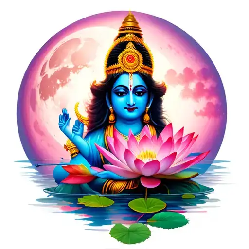 A Pink Lotus And Blue Cresent Moon Also Add Krushna 'S Flute