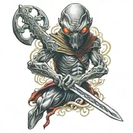 Alien W Red Diamond Eyes Holding Celtic Sword