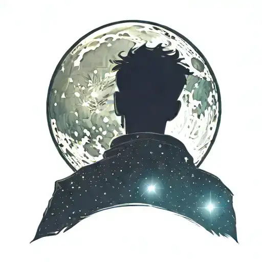 Silhouette Of A Lonely Boy Watching The Full Moon In The Starry Sky