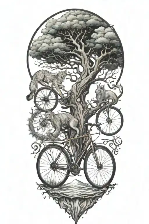 Bicycle With A Tree Intertwined Fantasy And A Lynx