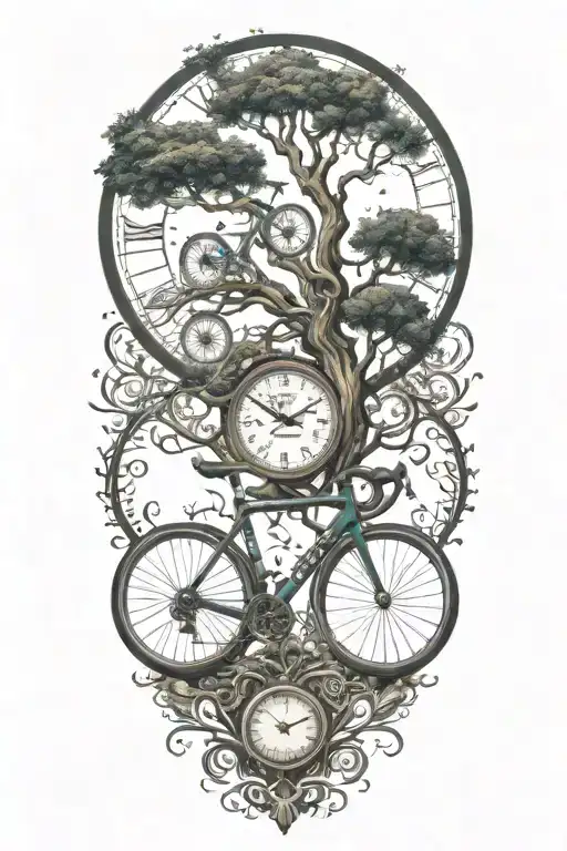 Gravel Bike With A Tree Intertwined Fantasy And A Clock