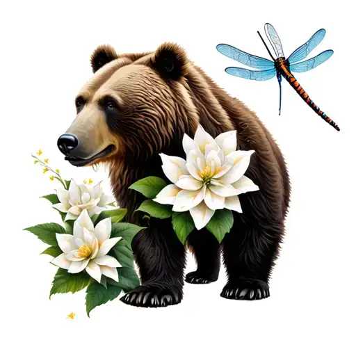 Grizzly Bear With Gardenias And Dragonfly