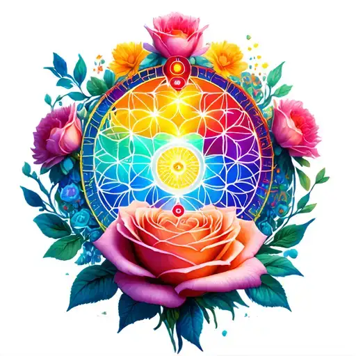Flower Of Life With Chakras Colors And Rose And Life Flowers Around It