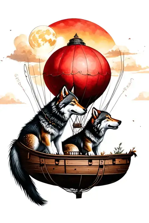 Female Wolf And Cub In A Red Hot Air Balloon Floating Passed The Sun And Moon