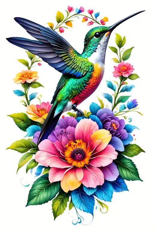 Hummingbird And Flowers Intertwined