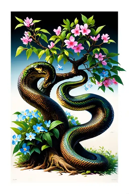 Cherry Blossom Tree With A Snake As The Branches And Forget Me Not Flowers Growing Around The Tree