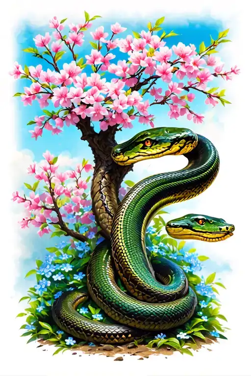 Cherry Blossom Tree With A Snake As The Branches And Forget Me Not Flowers Growing Around The Tree