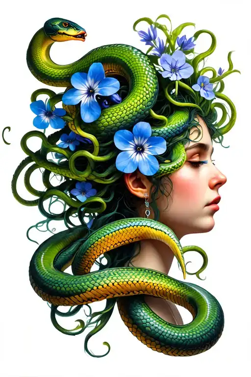 Medusa With Snakes For Hair And A Forget Me Not Buquet In Her Hair