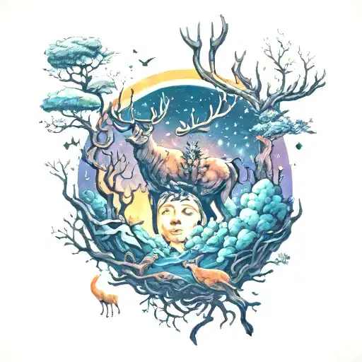 A Cosmic Scene Of A Deer Hunting In Outer Space Surrounded By Whippoorwills And Trees