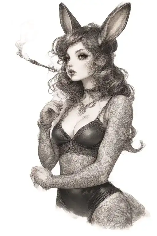 Pin Up Goth Bunny Girl Standing Smoking Sigarette And Have