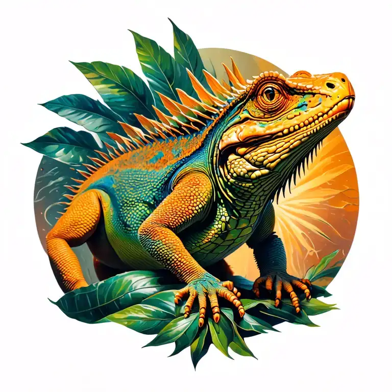 Full Back Tattoo With Iguana Upper Right Side