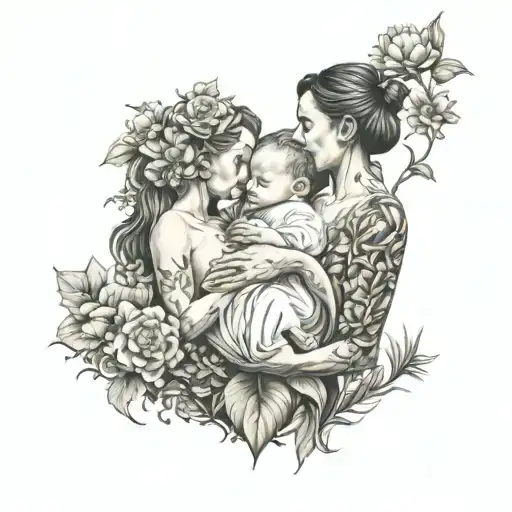 A Mother Holding Her Twin Babies Surrounded By A Field Of Flowers