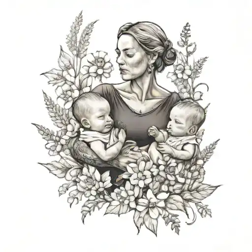 A Mother Holding Her Twin Babies Surrounded By A Field Of Flowers