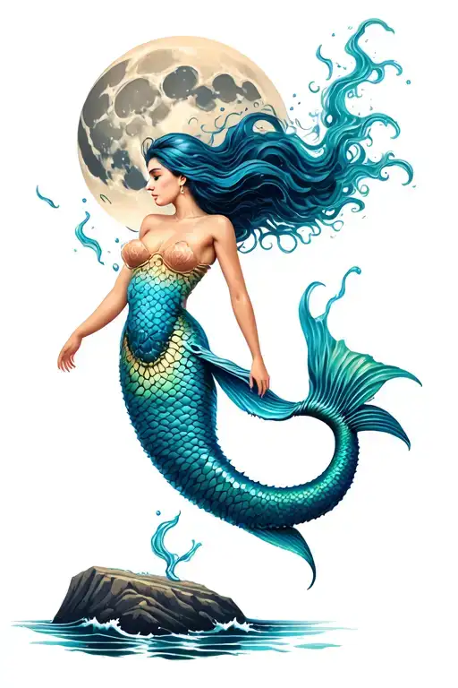 Mermaid On Rock With Moon In Background And Waves Splashing Up