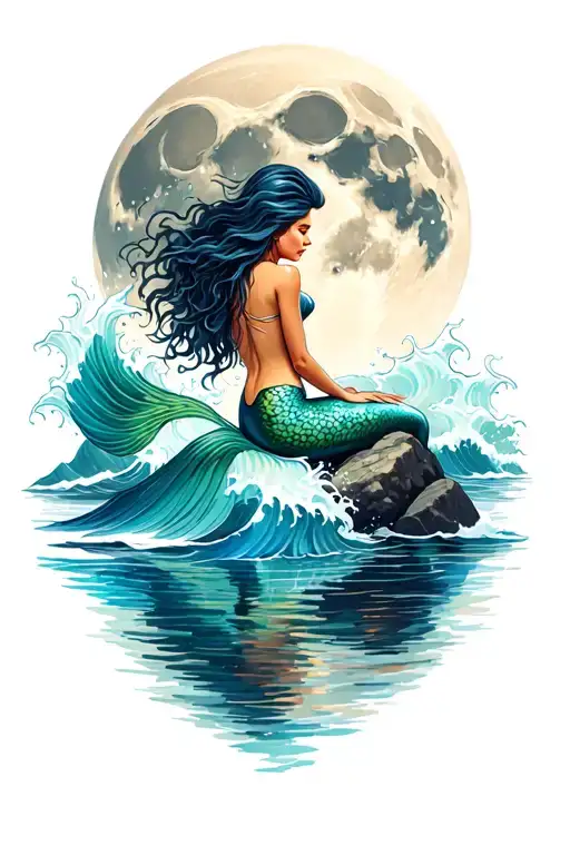 Mermaid Sitting On Big Rocks With Moon In Background And Waves Splashing Up