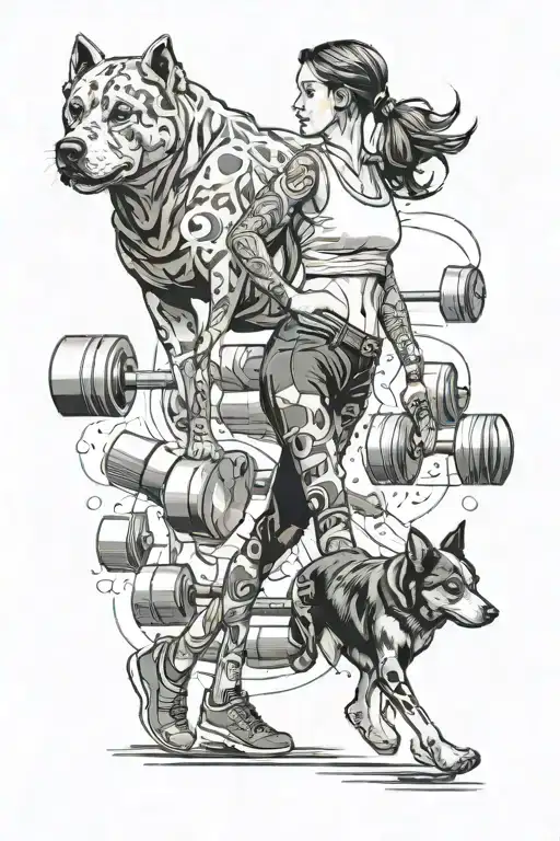A Fit Woman In Tights Carrying Dumbells Walking Away And A Small And Big Dog Following Her