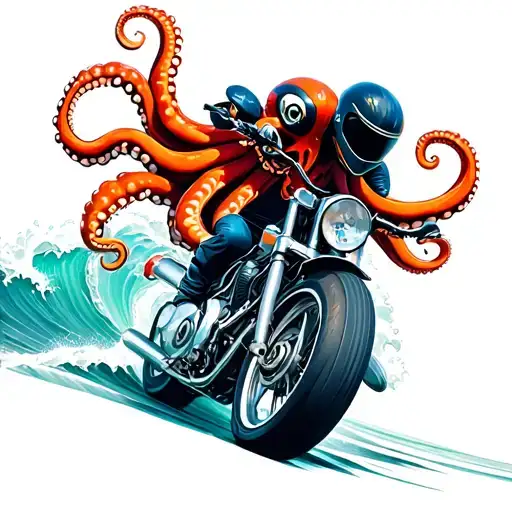 A Motorcycle Racing Through The Waves With An Octopus Riding On The Back