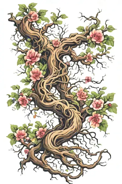 Tree With Gnarly Roots And Twisted Trunk Branching Into Beautiful Flowers