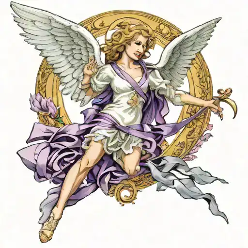 Guardian Angel With Purple Ribbon Defeating Death