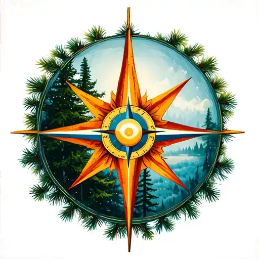 Pine Forest With Compass Sun Symbol