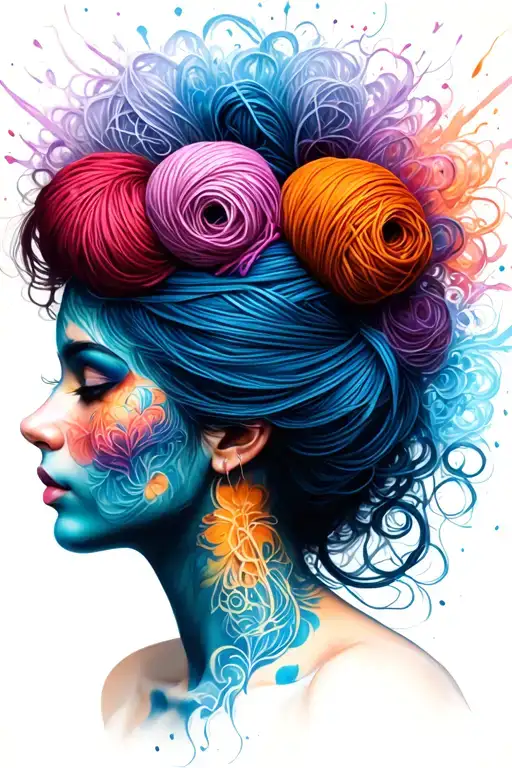 Side Profile Female Face With Yarn Exploding From Top It