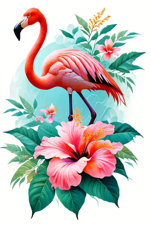 Flamingo And Hibiscus Flower Blooming