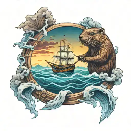 Beaver Steering A Ship Sailing Through Stormy