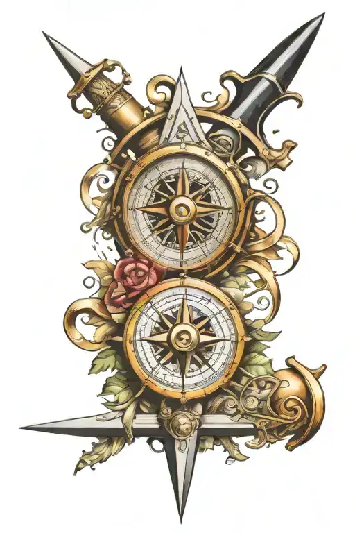 Tattoo Representing A Compass Rose And A Dagger