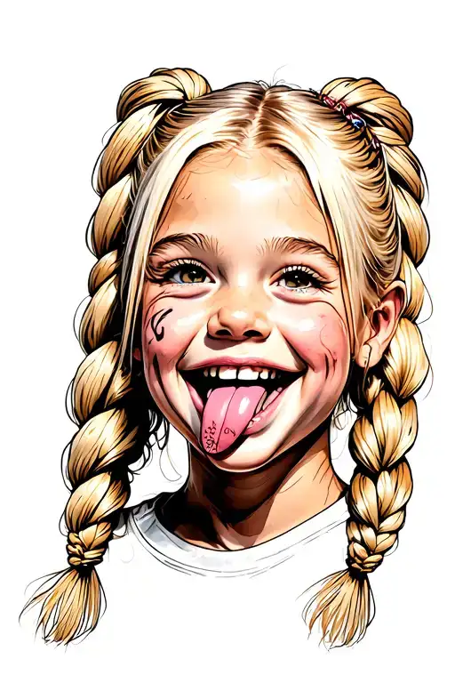 A Silly Blonde Girl With 2 Braids Smiling With Her Tongue