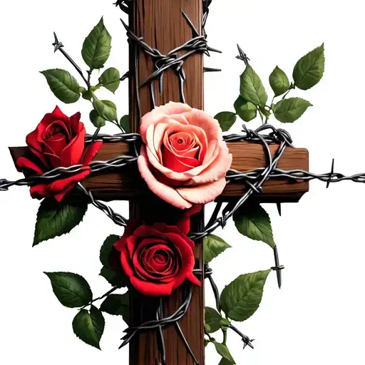 Cross Wrapped In Barbed Wire And Roses Intertwined