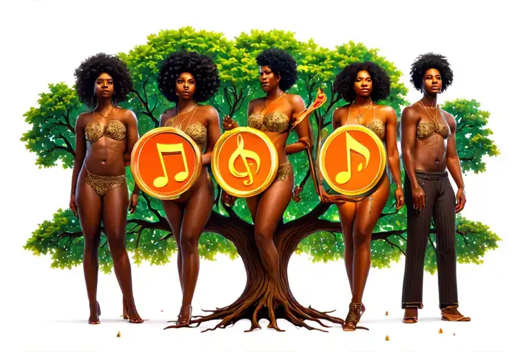 Magnificent Seven 2 Black Women And 5 Black Men With Music Symbols In Oak Tree