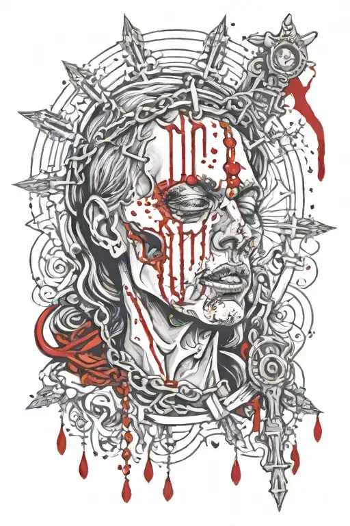 Gore Religious Death Scene Featuring Blood And Eyes And A Rosary Splitting A Face In Half