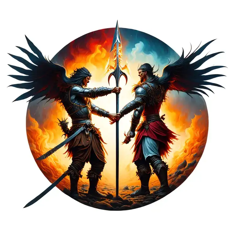 Warriors In Gear On Opposite Sides Reaching For A Spear Representing Good And Evil