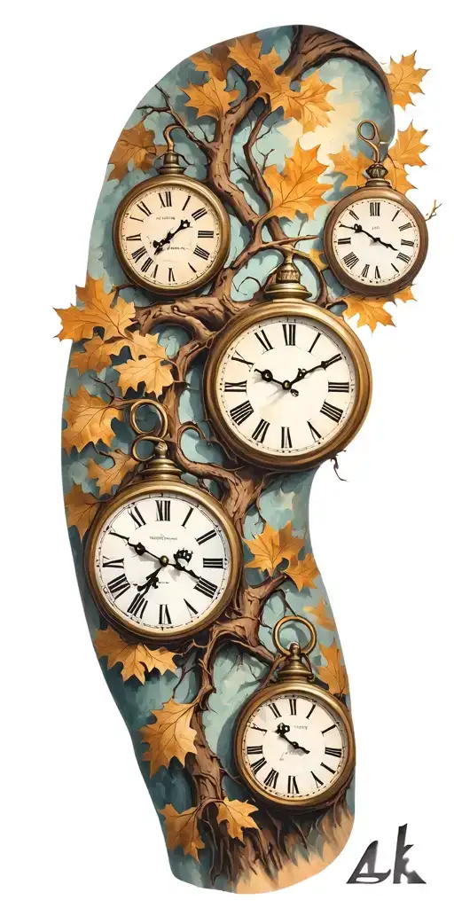 Oak Tree Branches With Three Clocks Integrated Into It For An Arm Sleeve