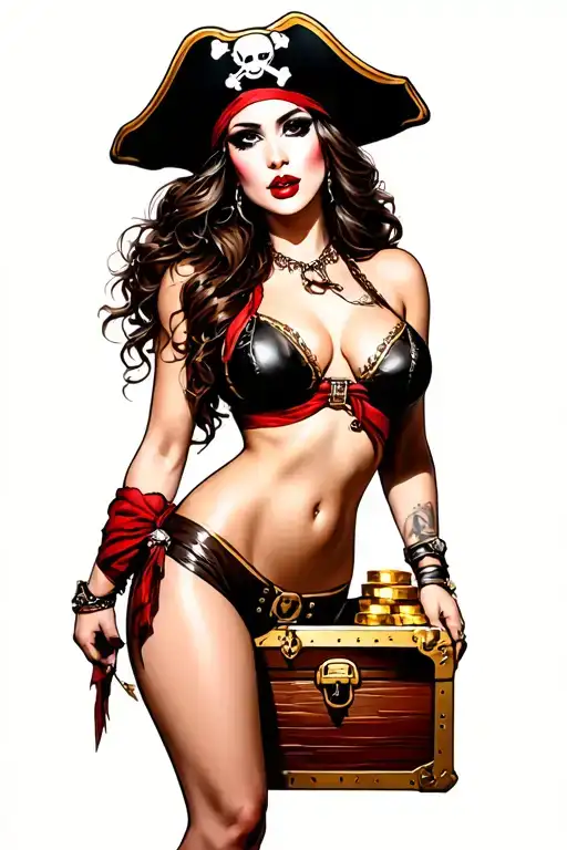 Sexy Pin Up Pirate With Treasure Chest Tattoo Red Black Grey