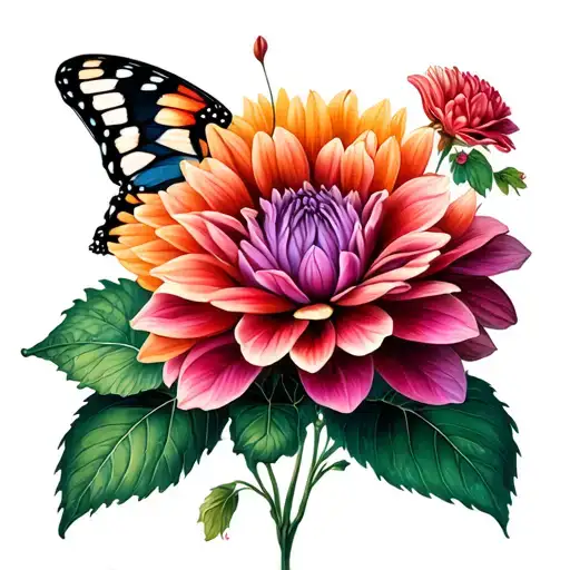 Begonia And Dahlia With Butterfly Tattoo Colored