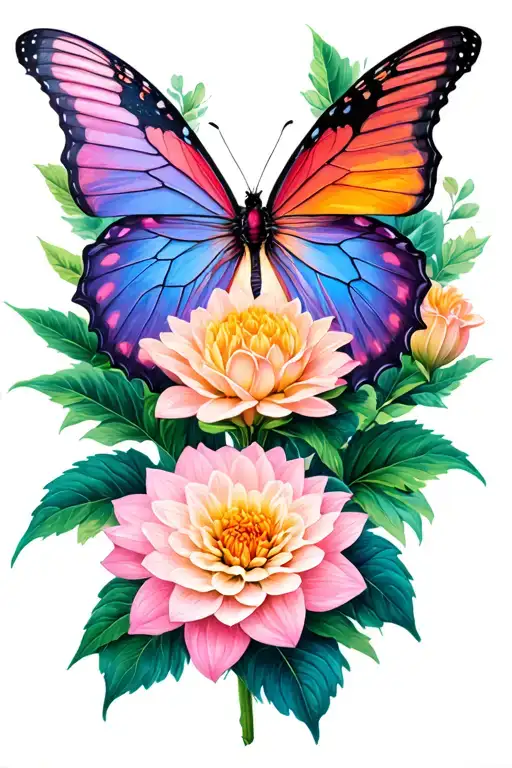 Begonia And Dahlia With Butterfly Tattoo Colored