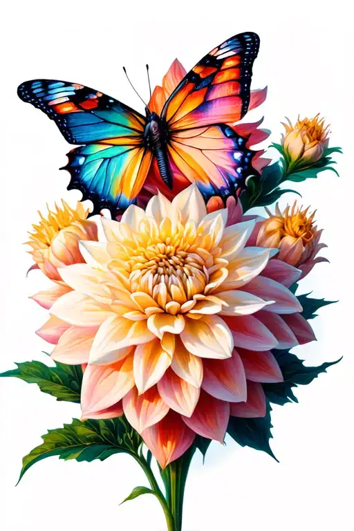 Dahlia Christine Flower Blooming With Butterfly Emerging