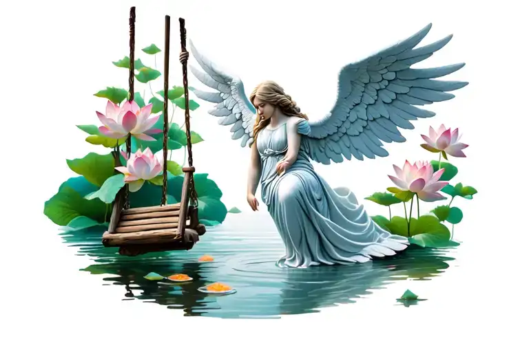 Weeping Angel Swinging On Wooden Swing Looking Down At Water Which Has Lotus Flowers
