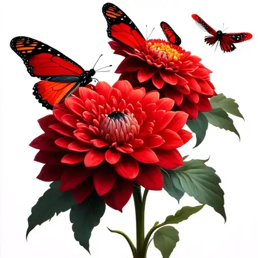 Red Dahliah With Buterfly Flying Together