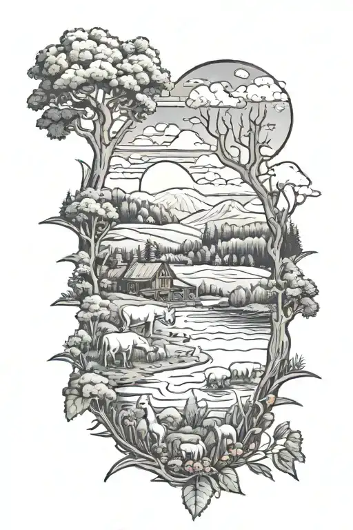 A Traditional Tattoo Of A Muskoka Landscape With Farm Animals Grazing In The Background