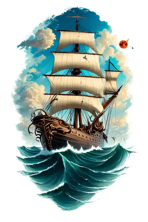 Kraken War Ship Sailing Through A Sea