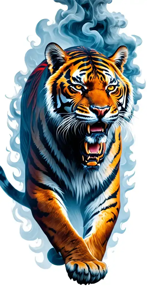 Tiger Emerging From Flames And Smoke