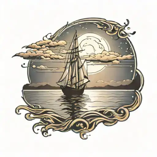 A Boat On A Calm Night At Sea With Moonlight Shining